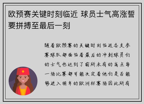欧预赛关键时刻临近 球员士气高涨誓要拼搏至最后一刻