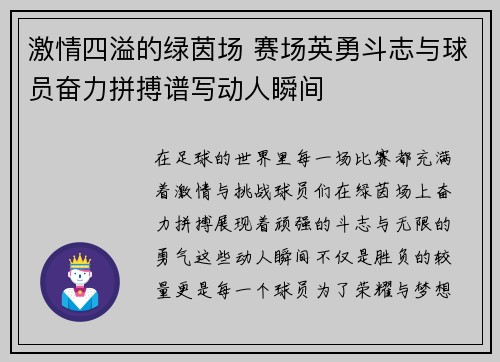 激情四溢的绿茵场 赛场英勇斗志与球员奋力拼搏谱写动人瞬间