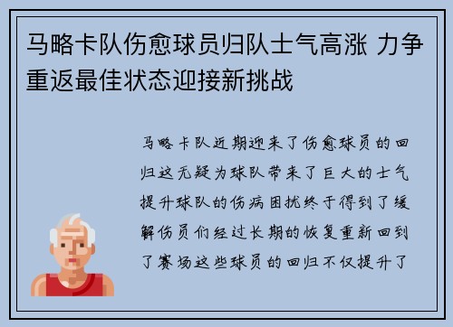 马略卡队伤愈球员归队士气高涨 力争重返最佳状态迎接新挑战