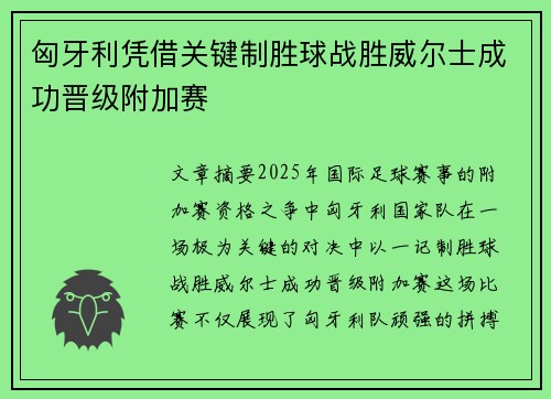 匈牙利凭借关键制胜球战胜威尔士成功晋级附加赛
