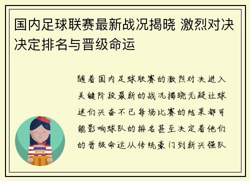 国内足球联赛最新战况揭晓 激烈对决决定排名与晋级命运