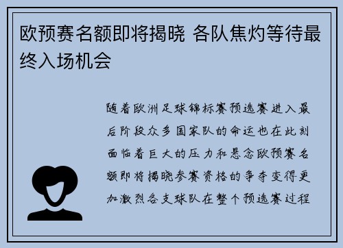 欧预赛名额即将揭晓 各队焦灼等待最终入场机会