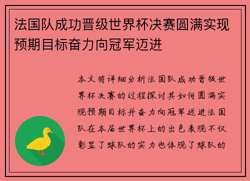 法国队成功晋级世界杯决赛圆满实现预期目标奋力向冠军迈进