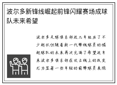 波尔多新锋线崛起前锋闪耀赛场成球队未来希望