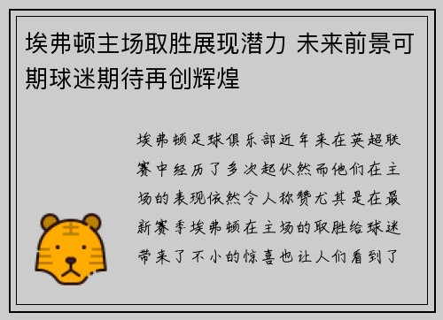 埃弗顿主场取胜展现潜力 未来前景可期球迷期待再创辉煌