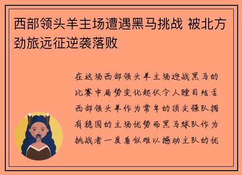 西部领头羊主场遭遇黑马挑战 被北方劲旅远征逆袭落败