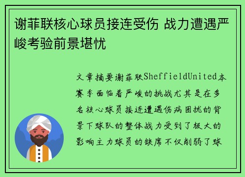 谢菲联核心球员接连受伤 战力遭遇严峻考验前景堪忧