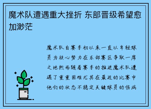 魔术队遭遇重大挫折 东部晋级希望愈加渺茫