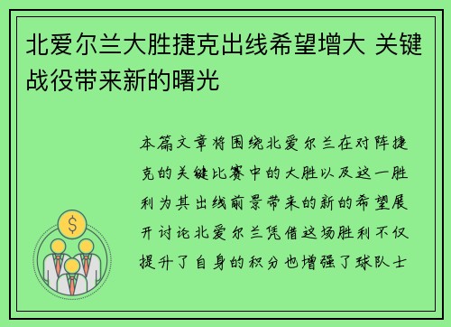北爱尔兰大胜捷克出线希望增大 关键战役带来新的曙光